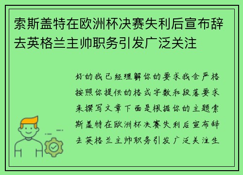 索斯盖特在欧洲杯决赛失利后宣布辞去英格兰主帅职务引发广泛关注 索斯盖特在欧洲杯决赛失利后宣布辞去英格兰主帅职务引发广泛关注