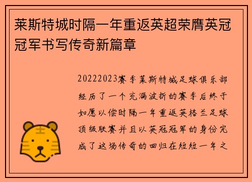 莱斯特城时隔一年重返英超荣膺英冠冠军书写传奇新篇章